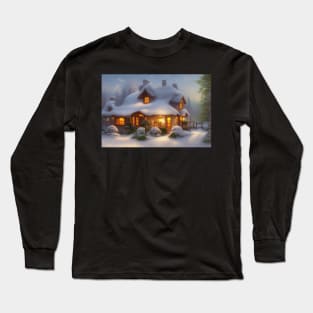 Magical Fantasy House with Lights in a Snowy Scene, Fantasy Cottagecore artwork Long Sleeve T-Shirt